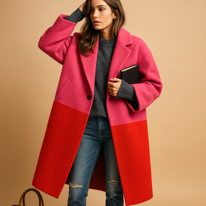 Women's comfortable long autumn coat with functional pockets, perfect for seasonal outerwear.