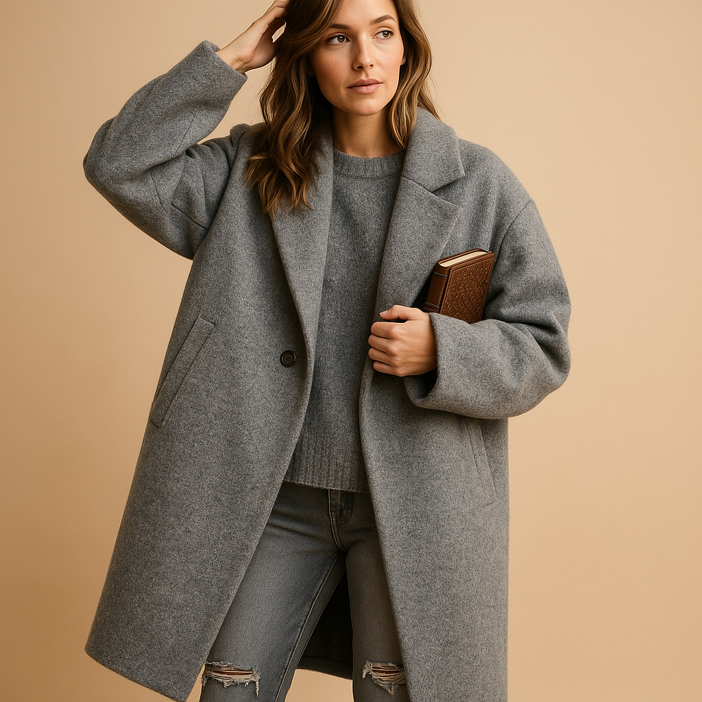 Stylish women's long autumn coat featuring practical pockets & elegant design for fall fashion.
