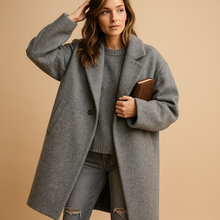 Stylish women's long autumn coat featuring practical pockets & elegant design for fall fashion.