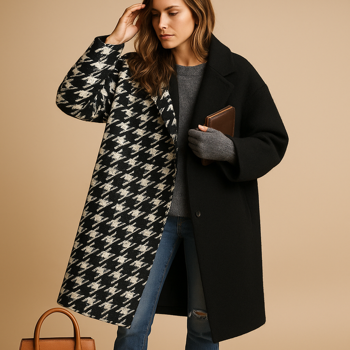 Fashionable women's long autumn coat with pockets, providing elegant outerwear & stylish seasonal comfort.