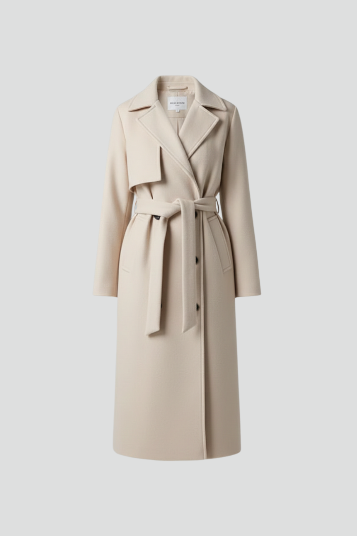 Women's double-breasted long trench coat with belt, versatile and chic for any elegant outerwear ensemble.