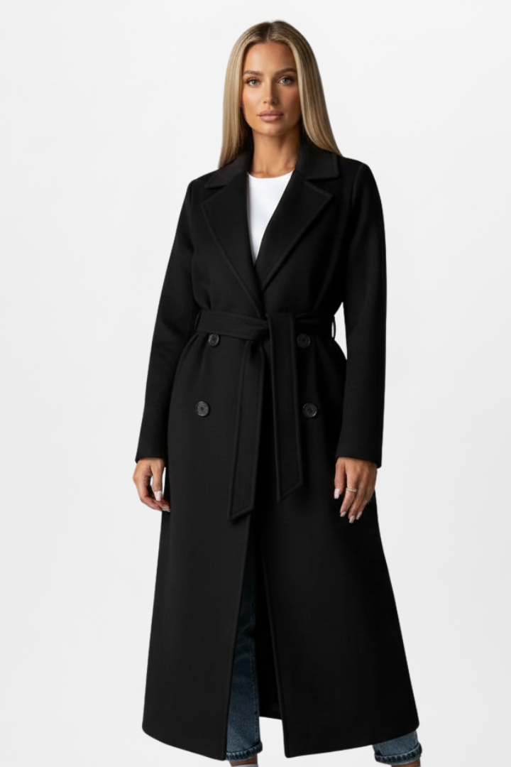 Stylish women's long trench coat, belted and double-breasted, perfect versatile outerwear for fall & winter.