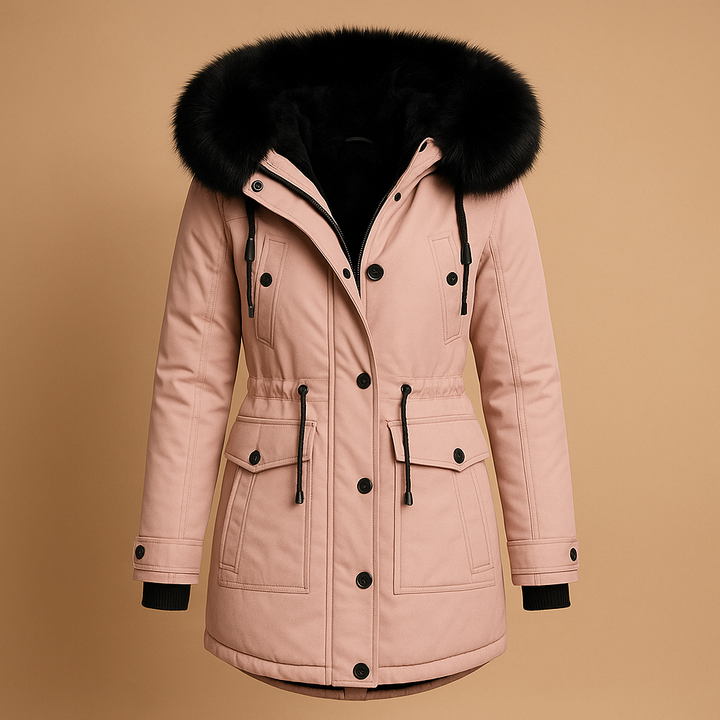 Cozy women's long waterproof winter parka with faux fur hood, perfect for everyday cold weather, snow, and rain.