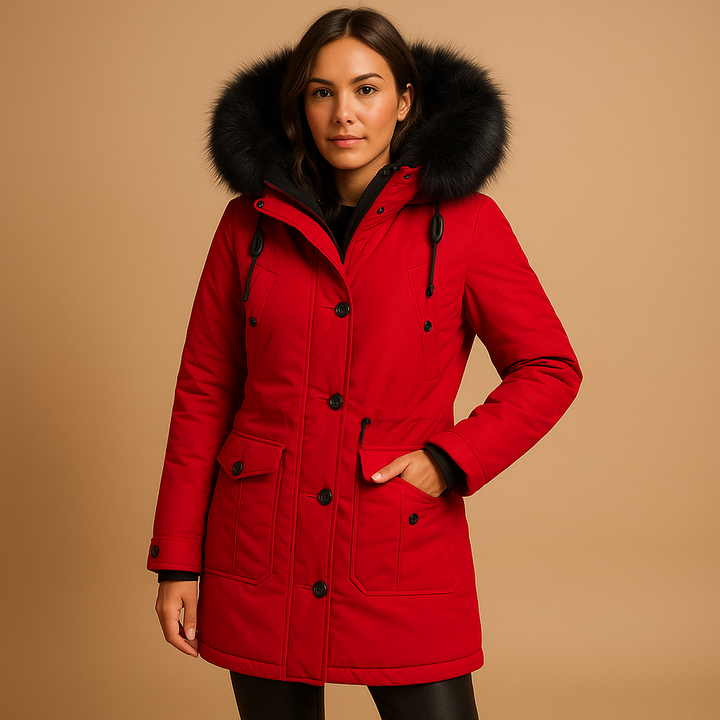 Elegant women's long waterproof winter parka with a soft faux fur hood, designed for ultimate warmth and style.