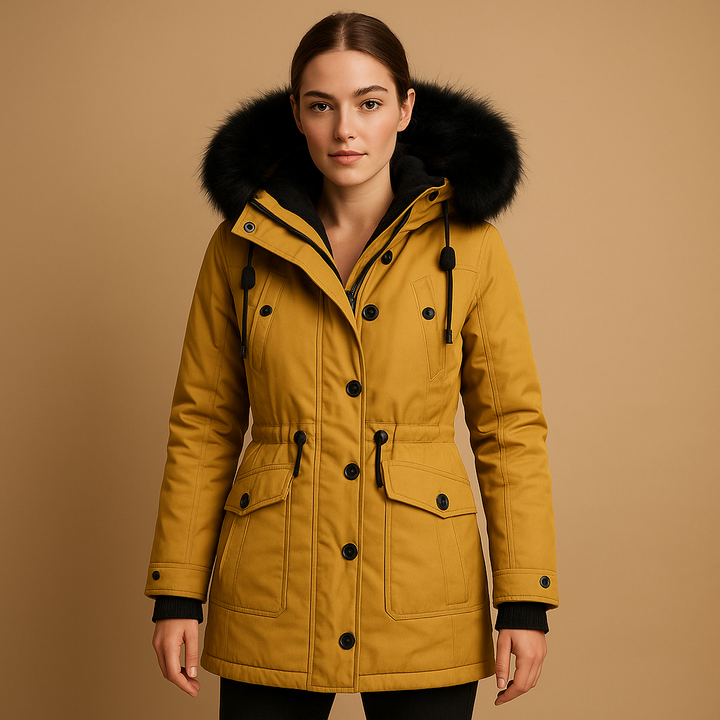 Women's rain repellent long winter parka, ultimate warmth & snow protection. Waterproof coat with faux fur hood.