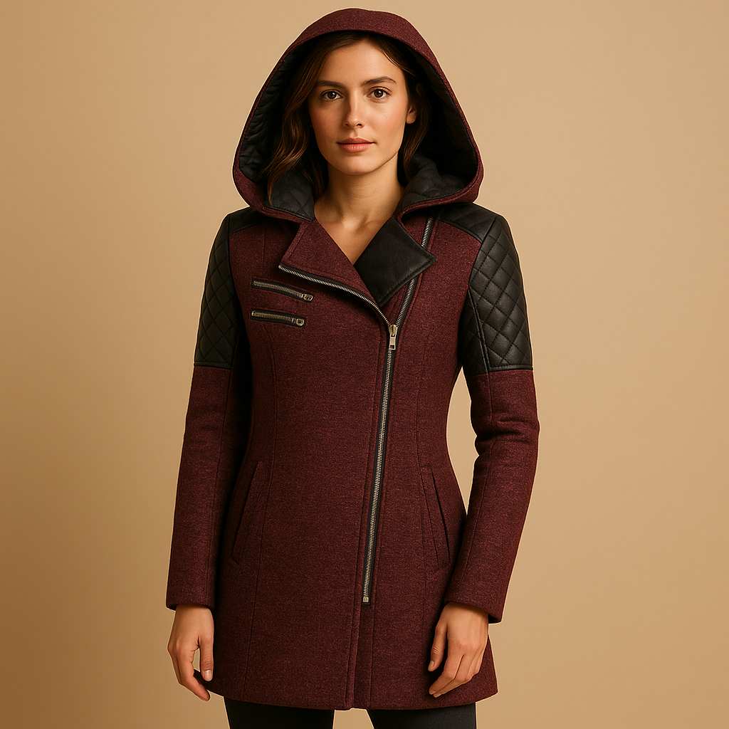 Stylish women's hooded long winter coat. Modern outerwear for elegant cold weather fashion.