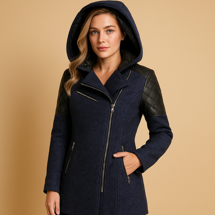 Refined women's long winter coat with a chic hood, ideal for elegant cold weather outerwear.