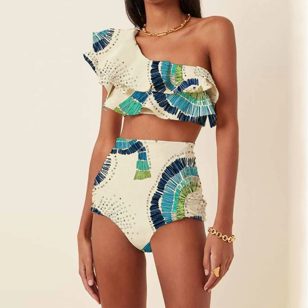 Women's one-shoulder high-waist bikini, white with delicate embellishments, perfect for a chic summer look.
