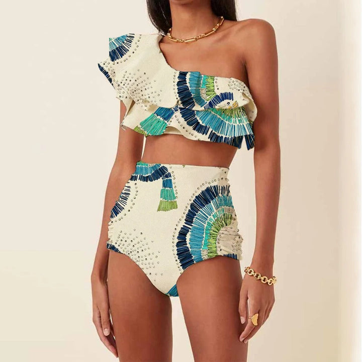 Women's one-shoulder high-waist bikini, white with delicate embellishments, perfect for a chic summer look.
