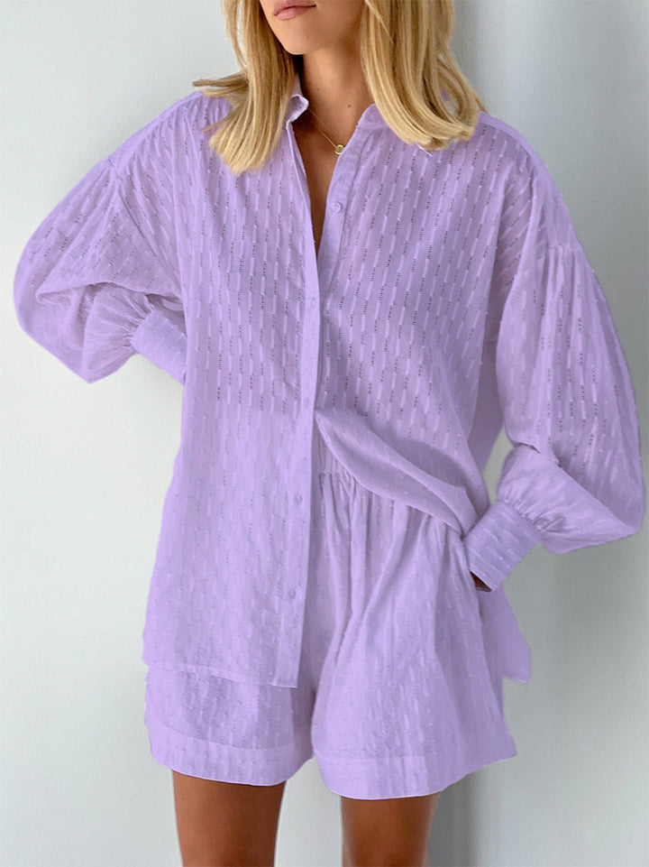 Elegant casual women's two-piece set: relaxed fit button-up shirt and comfortable shorts for everyday summer.