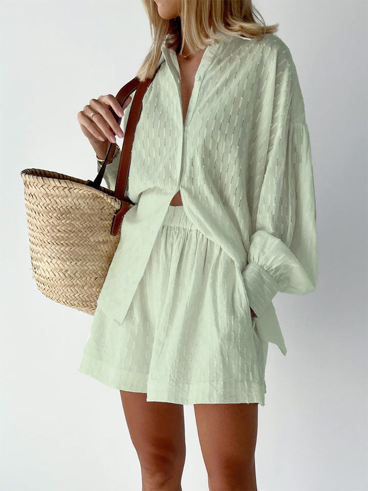 Relaxed fit women's breezy button-up shirt and comfortable drawstring shorts set, perfect for summer casual wear.