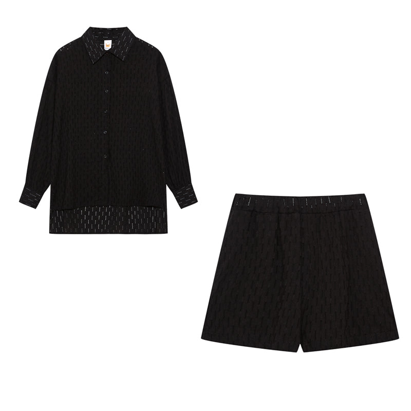 Women's airy button-up top and matching pull-on shorts set, a versatile two-piece for casual and elegant summer outings.