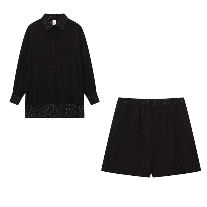 Women's airy button-up top and matching pull-on shorts set, a versatile two-piece for casual and elegant summer outings.