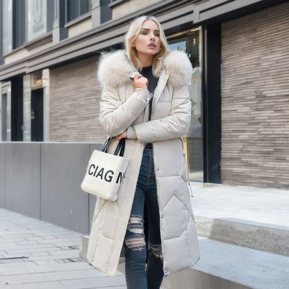 Women's quilted hooded winter coat, warm & stylish. Perfect for cold weather fashion.