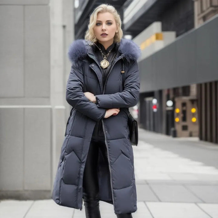 Elegant women's quilted winter jacket, a stylish hooded outerwear piece for fashion-conscious women.