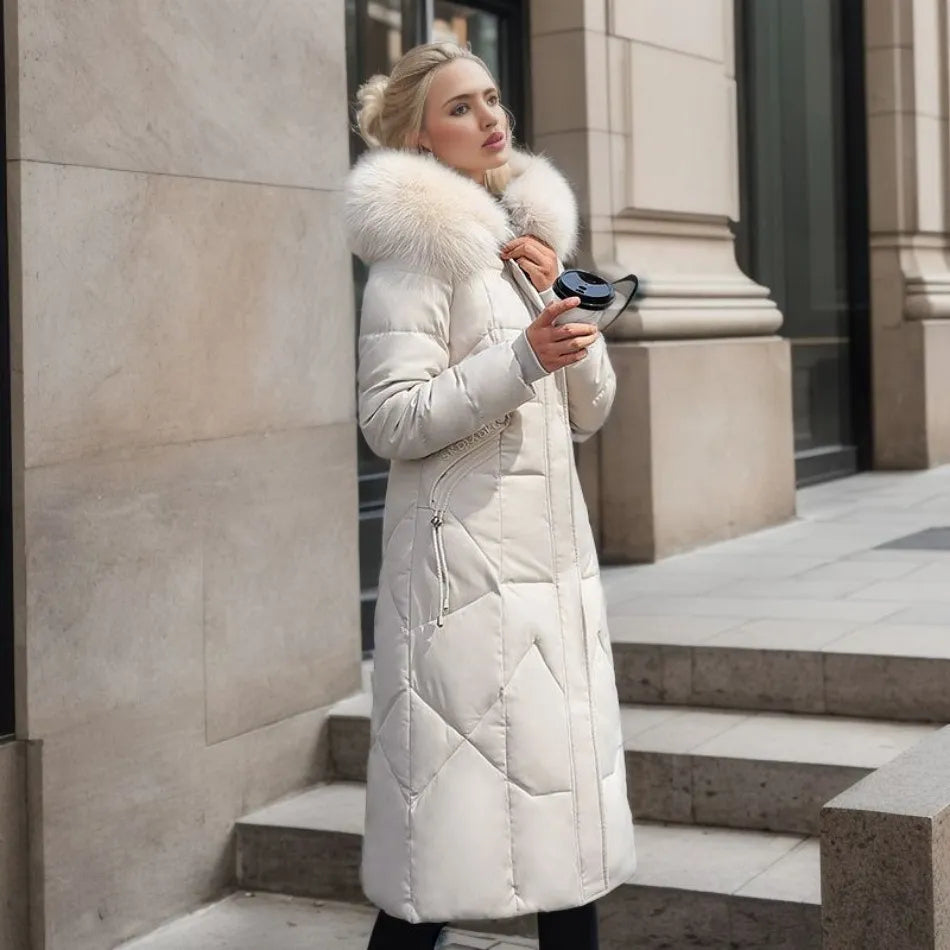 Stylish women's winter coat with a cozy hood, offering extra warmth & protection from cold.