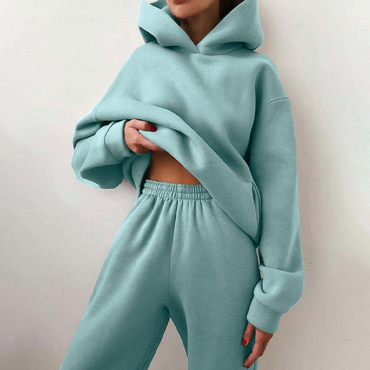 Coordinated women's loungewear set with a relaxed fit hoodie and matching sweatpants for effortless style.