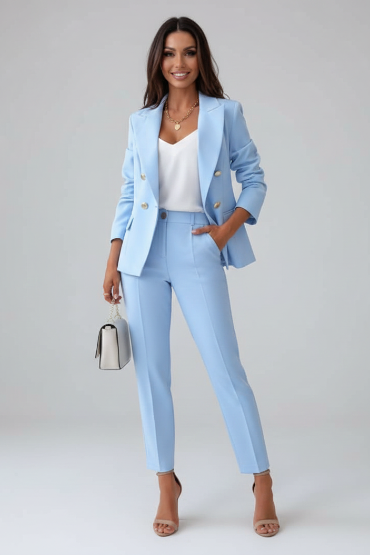 Women's stylish buttoned blazer & straight-leg trousers suit set, perfect for professional office wear.