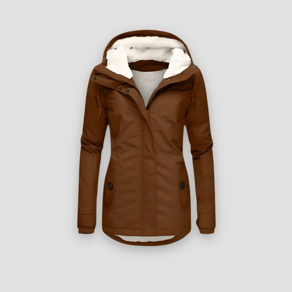 Hooded women's waterproof puffer jacket, perfect for cozy everyday winter protection.