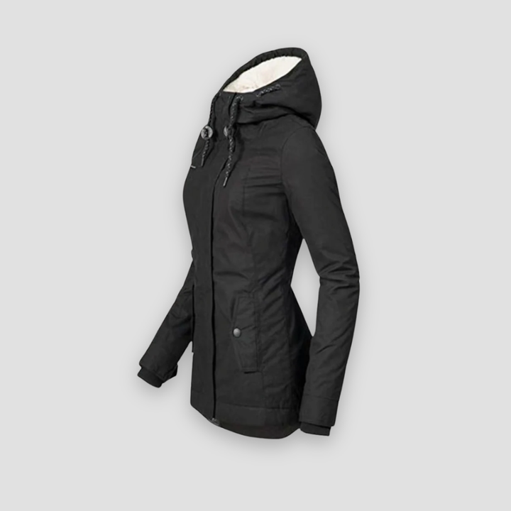 Women's waterproof puffer jacket with hood, ideal for snowy winter days & everyday wear.
