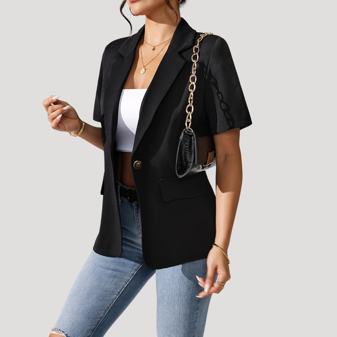 Stylish women's black short-sleeve blazer, a classic tailored jacket perfect for professional and smart casual wear.