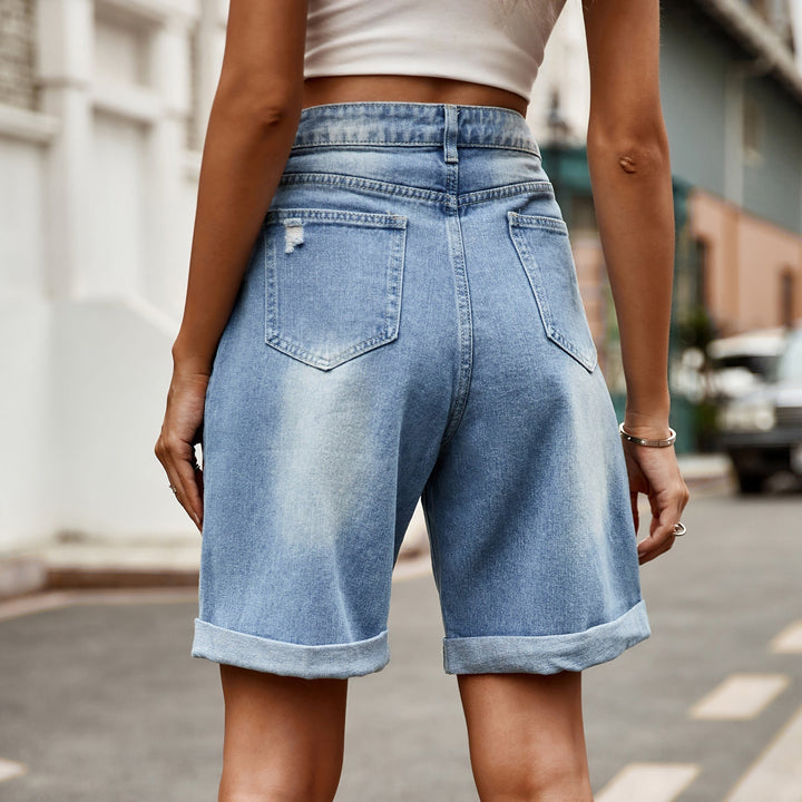Comfortable women's casual blue denim shorts with a relaxed fit for everyday summer fashion.