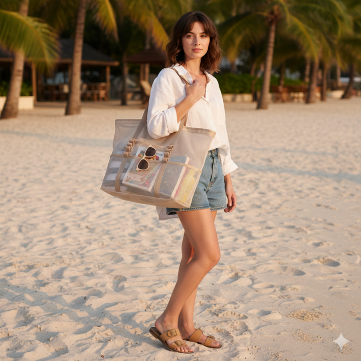 Spacious women's mesh pool bag, ideal for carrying beach towels, toys, and sunscreen.