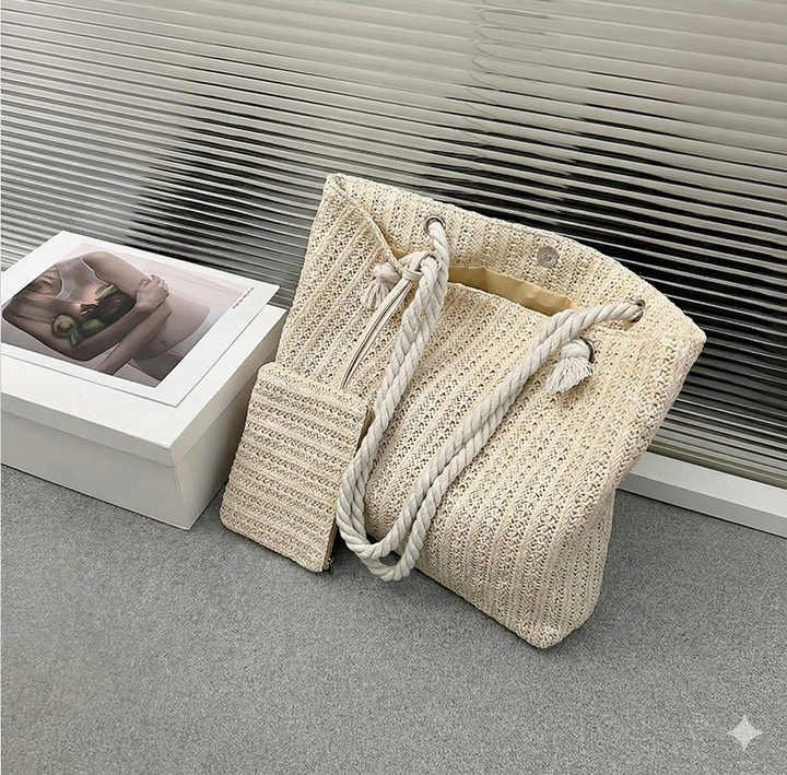 Stylish coastal women's tote bag with comfortable rope handles, a must-have summer accessory for beach days.
