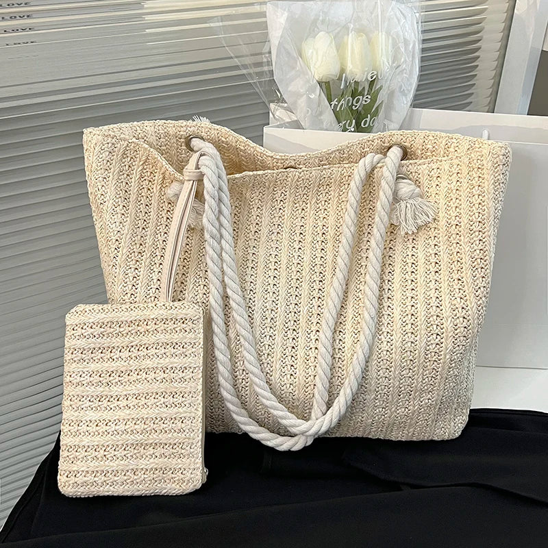 Women's Coastal Rope Handle Beach Tote Bag, perfect for summer vacations and casual outings. Woven design.