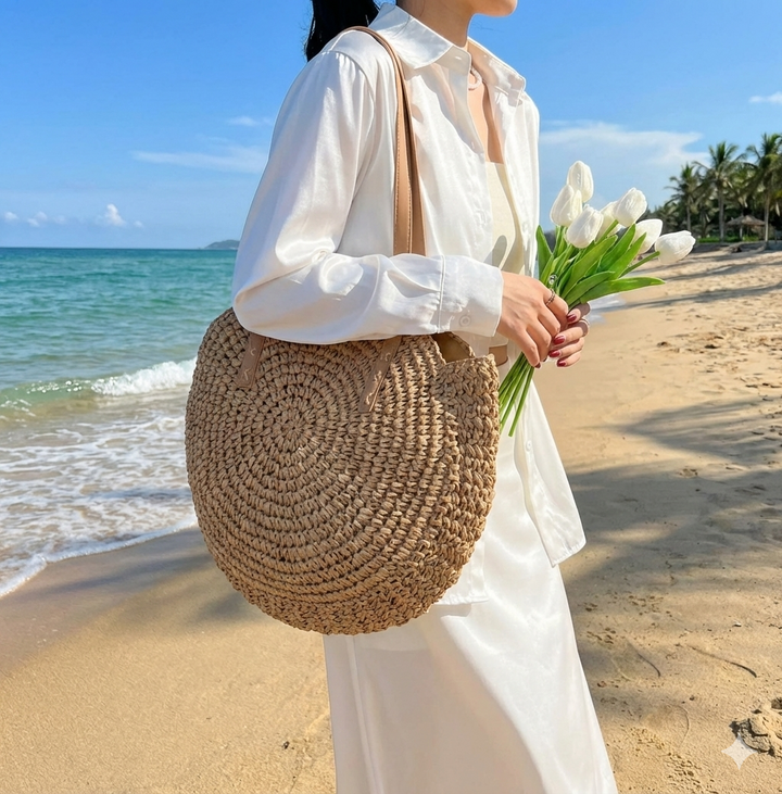 Boho women's woven round shoulder bag. Stylish summer beach tote, casual & spacious for daily essentials.