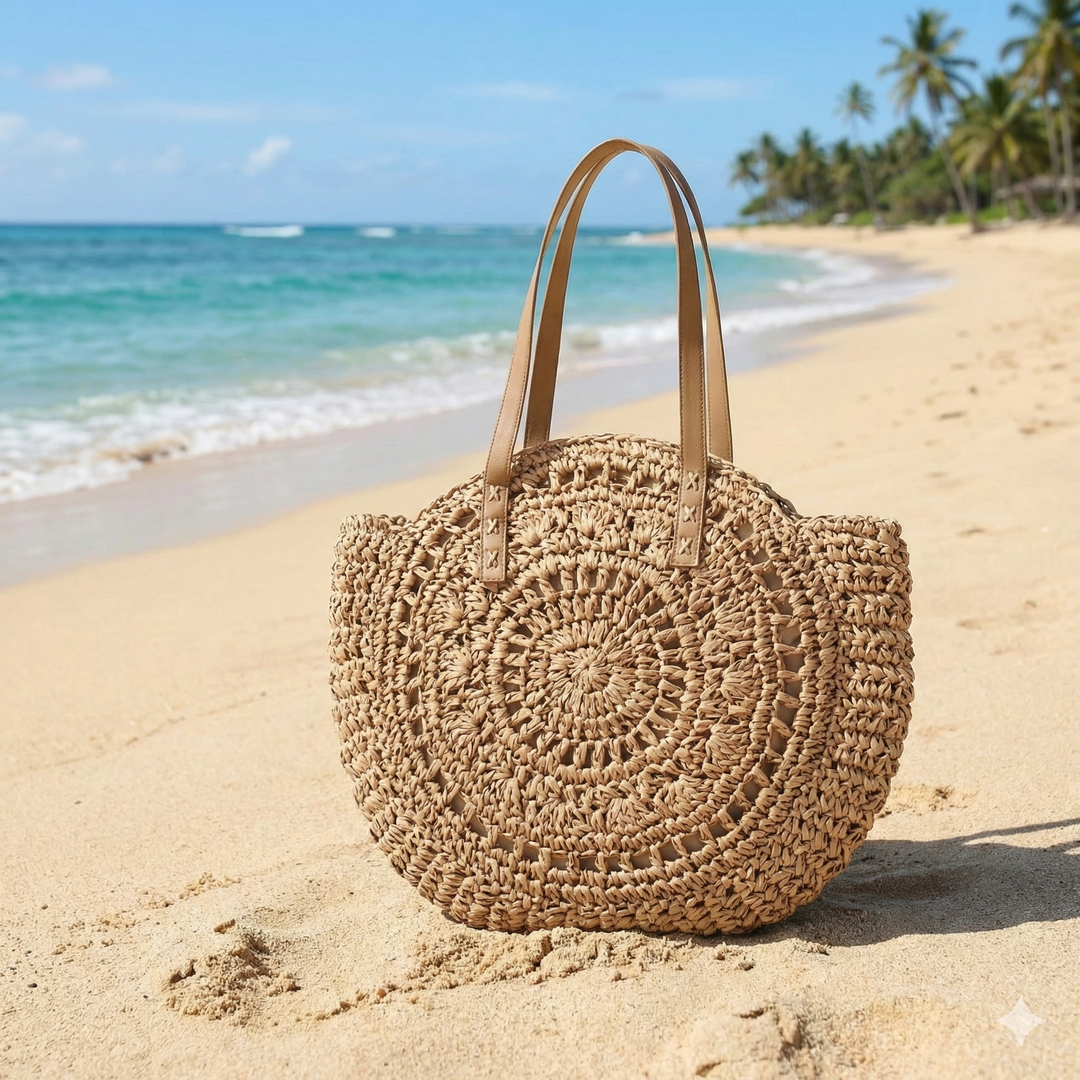 Large women's woven round beach tote. Ideal as a summer shoulder bag, everyday tote or travel accessory.