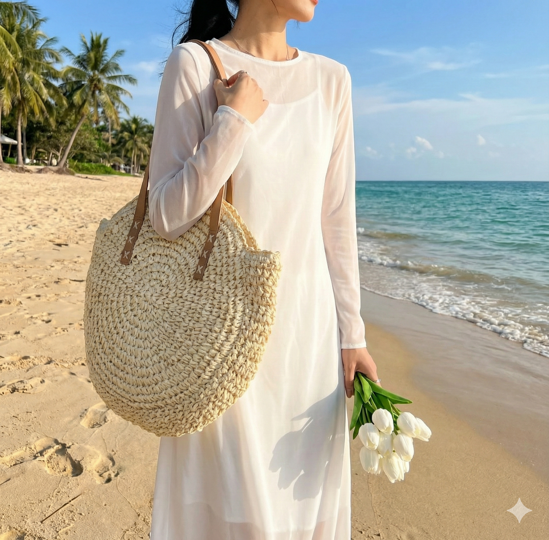 Natural straw-look woven round beach shoulder bag for women. Boho large tote, versatile for summer & travel.