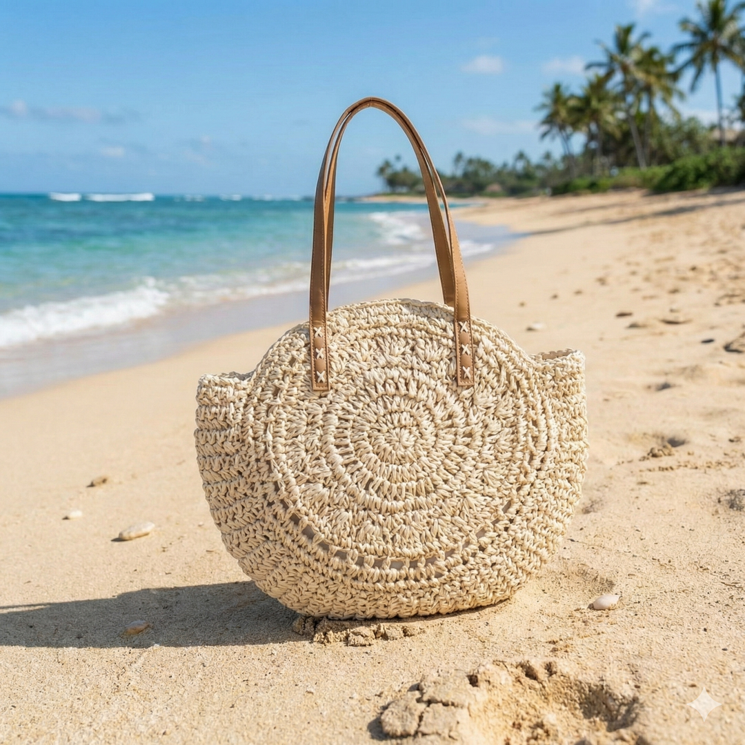 Chic women's woven round shoulder bag. A versatile summer beach tote, ideal for casual fashion & essentials.