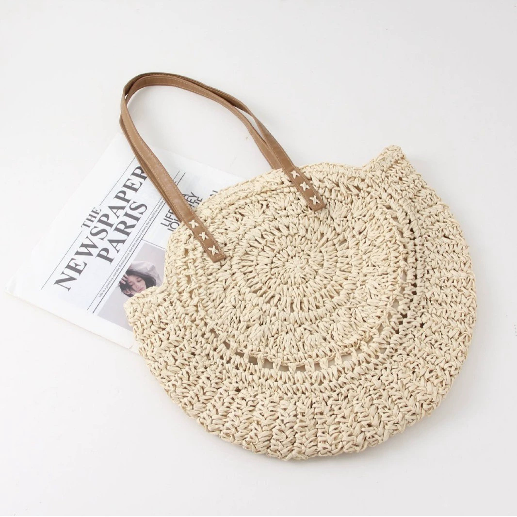 Women's round woven beach tote shoulder bag. Perfect for summer, travel & everyday style.