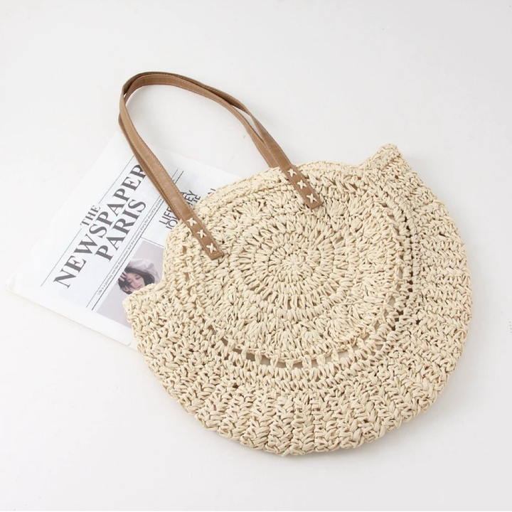 Women's round woven beach tote shoulder bag. Perfect for summer, travel & everyday style.