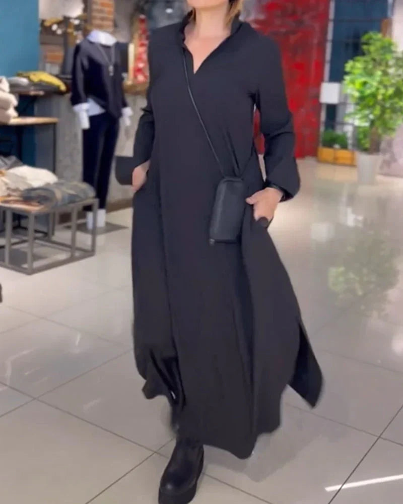 Elegant Women's Black Maxi Dress with Long Sleeves, ideal for formal wear, evening events, and special occasions.