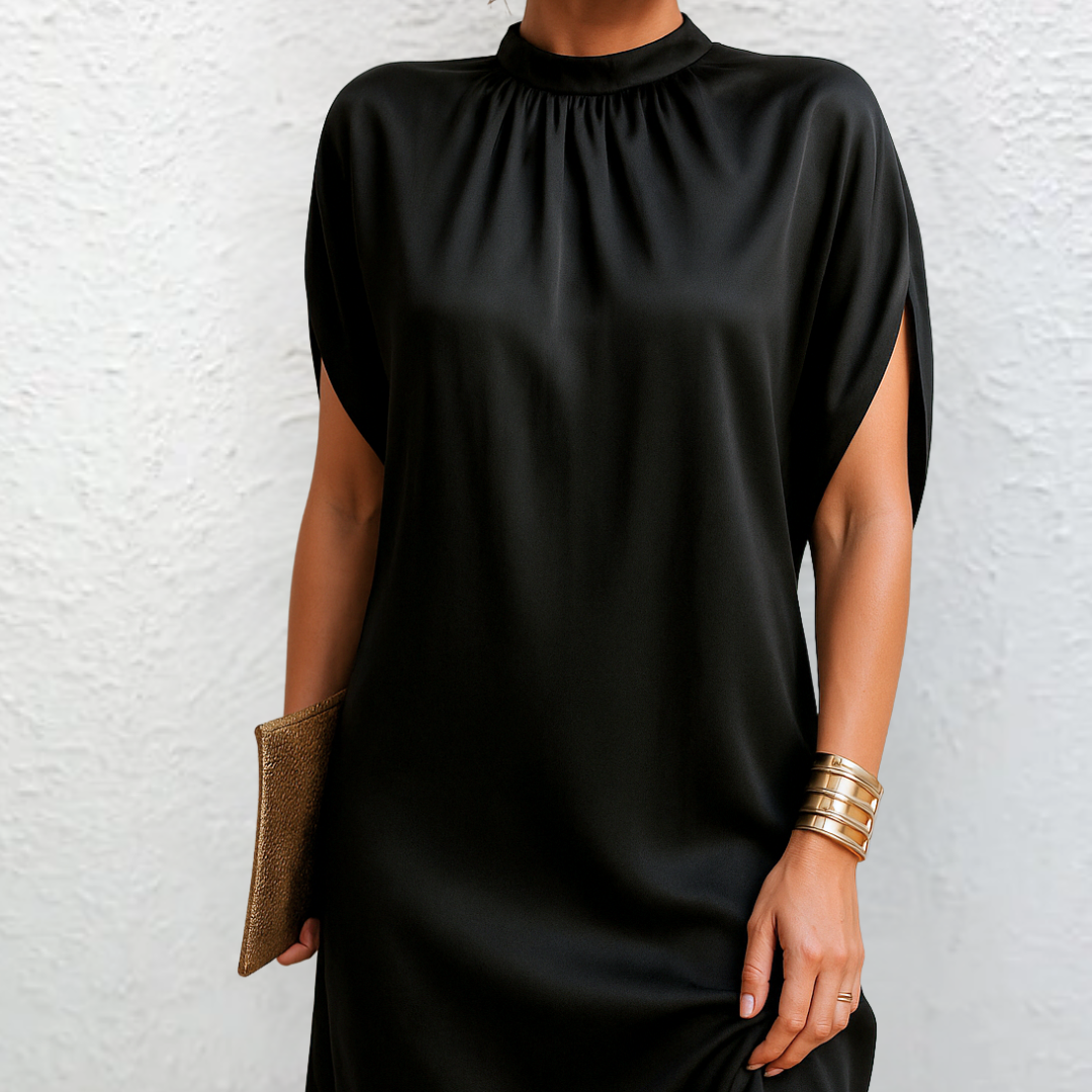 Stylish black mini party dress for women, featuring a chic high neck and flattering cap sleeves.