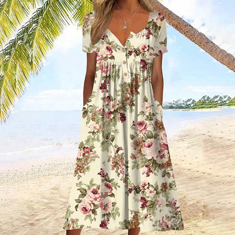 Apricot floral button-front V-neck midi dress for women, ideal for summer beach casual or vacation style.
