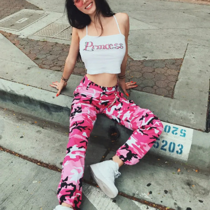 Casual women's camo cargo pants, offering a loose baggy fit and stylish ankle cuffs for everyday wear.