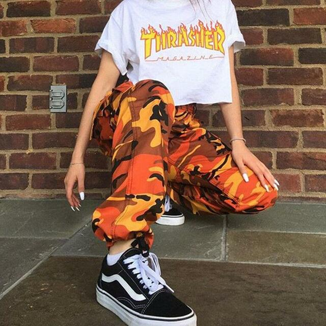 Women's baggy fit camo cargo pants with elastic ankle cuffs, perfect for streetwear and casual fashion.