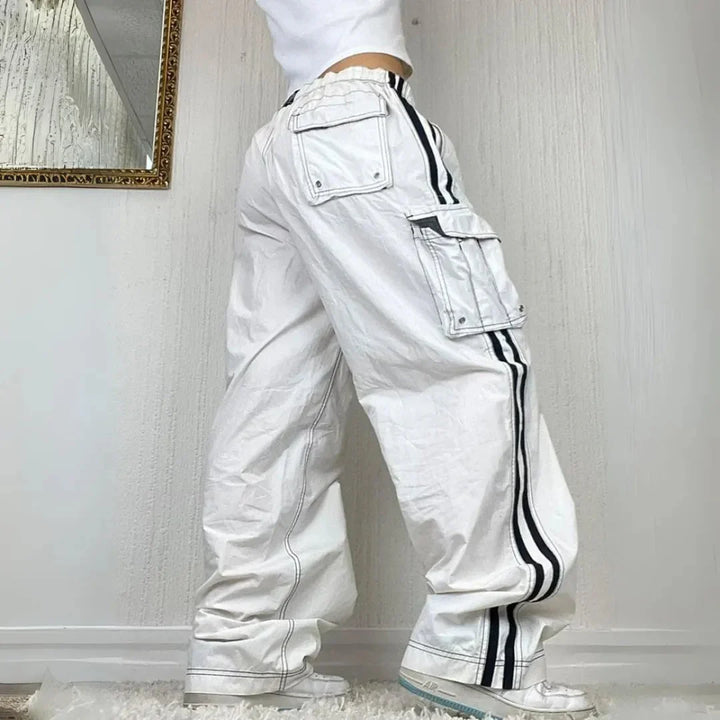 Casual women's wide leg cargo pants featuring a chic side stripe, baggy fit, and practical utility pockets.