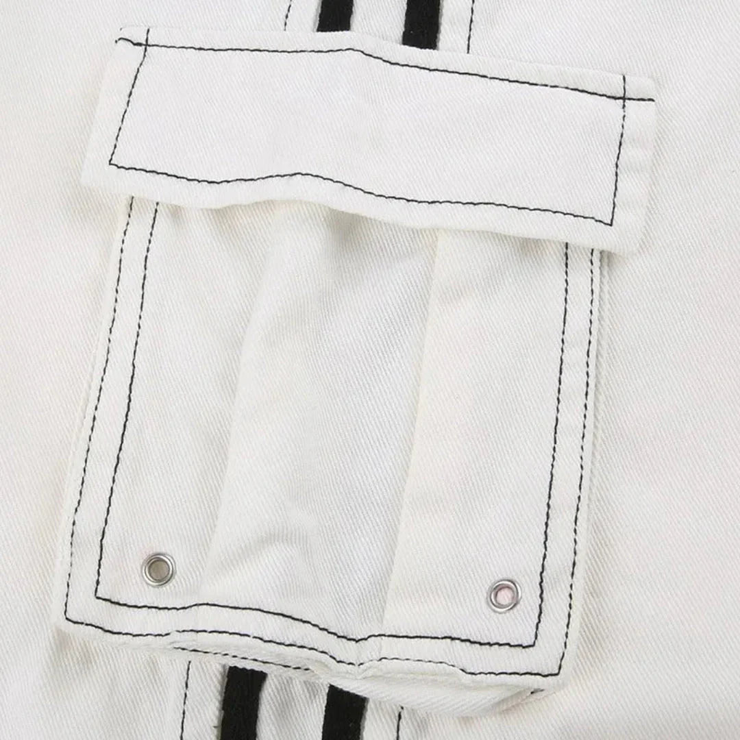 Utility-inspired women's baggy cargo pants, wide leg design, modern side stripe, and convenient large pockets.