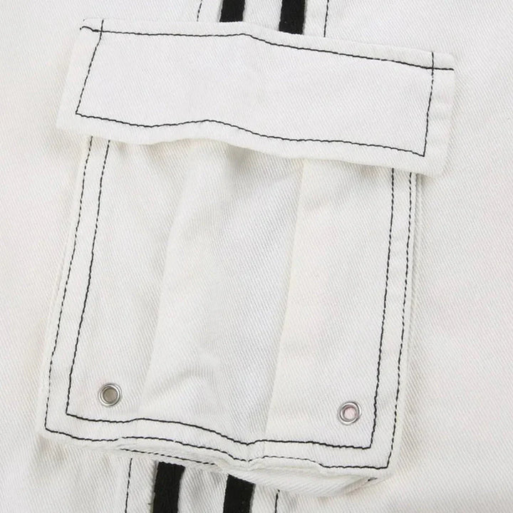 Utility-inspired women's baggy cargo pants, wide leg design, modern side stripe, and convenient large pockets.