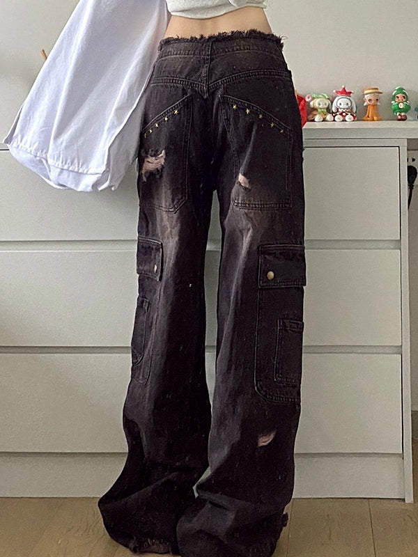 Trendy women's baggy wide leg black jeans with utility cargo pockets & distressed rips. High-rise for street style.