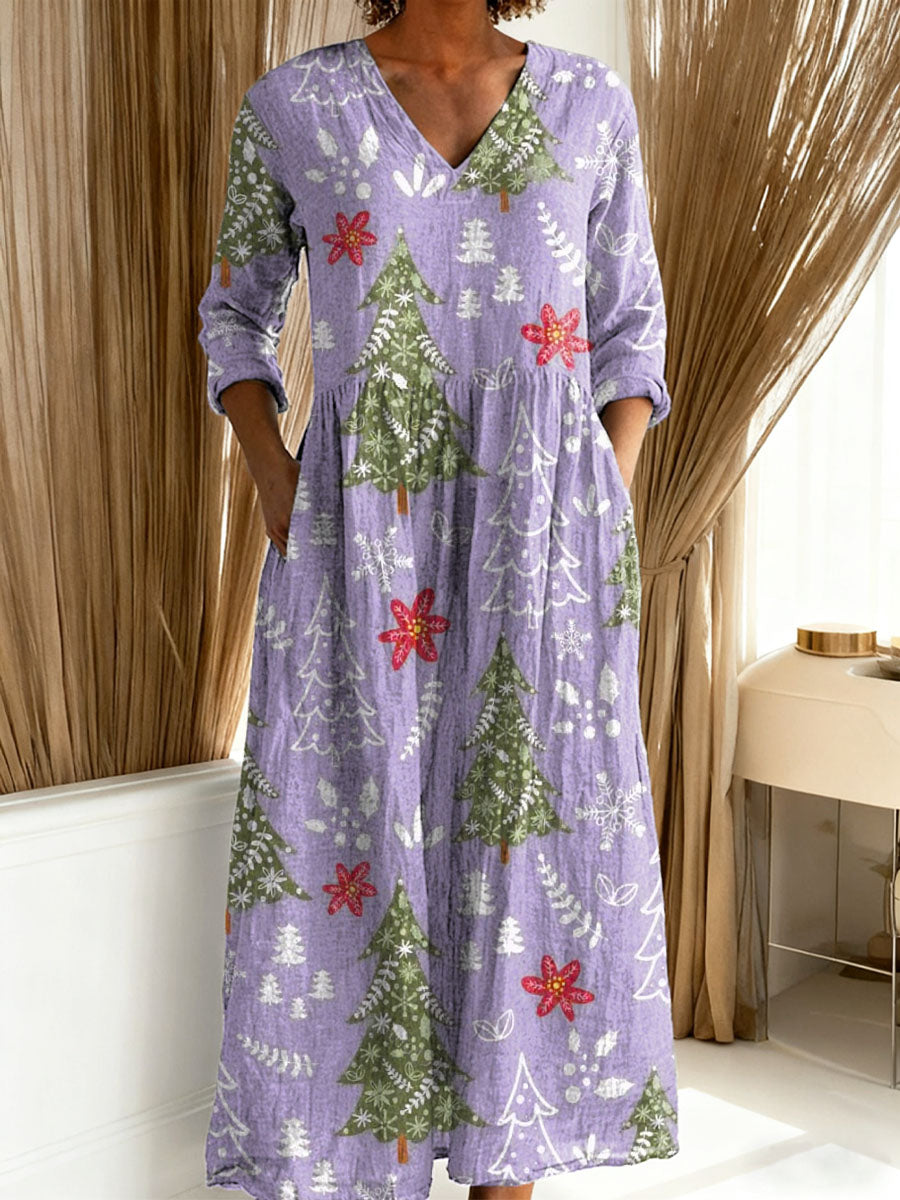 Elegant women's Christmas maxi dress, ideal for holiday parties. Features a beautiful festive tree & floral print.