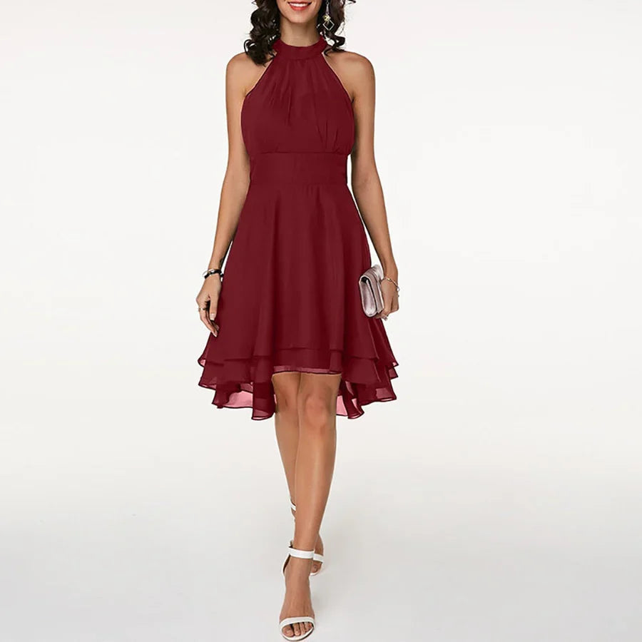 Elegant Women's Maroon Halter Cocktail Dress with Ruffle & Asymmetrical Hem for parties or special occasions.