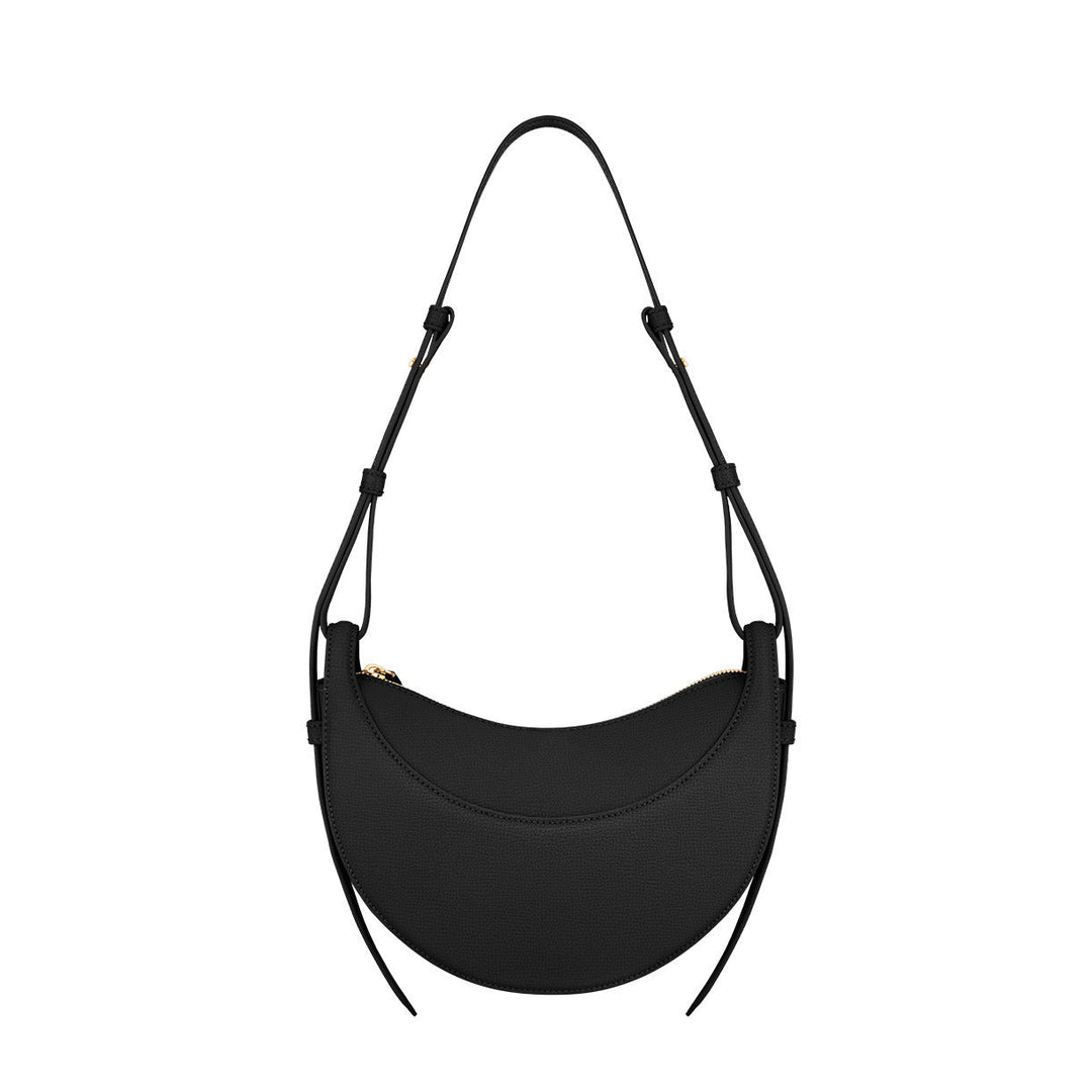 Stylish women's crescent crossbody bag, pebbled texture, modern design, with secure zip & adjustable strap.