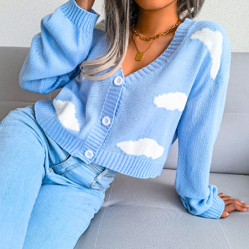 Stylish cloud print cropped cardigan for women. V-neck, button-up, a light layer for spring & summer fashion.