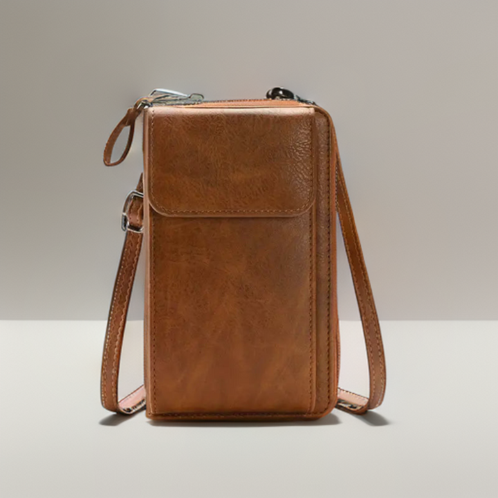 Stylish women's compact vegan leather crossbody bag for hands-free everyday use.