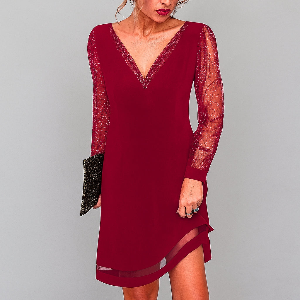 Elegant red glitter V-neck long sleeve midi evening dress for women, perfect for parties, holiday, or wedding guest attire.